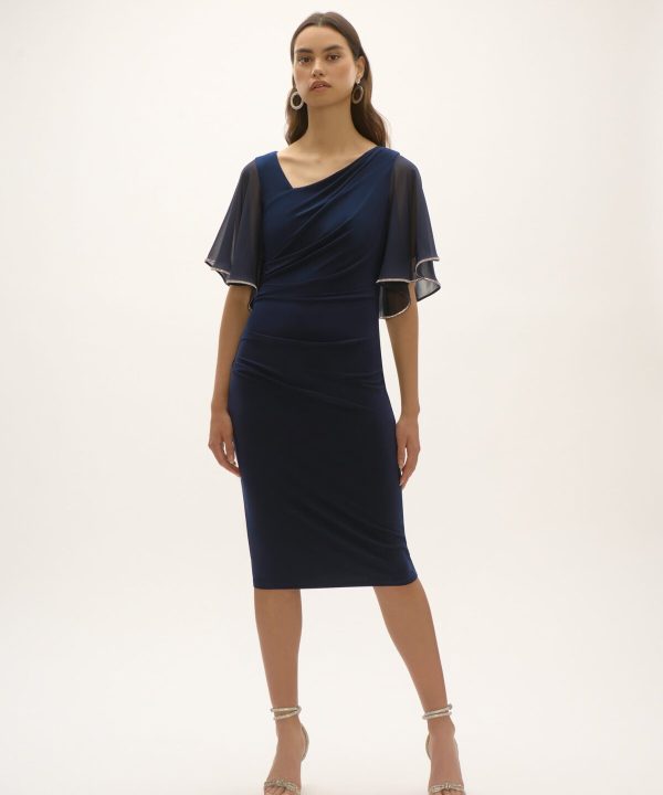 Blue evening dress with flowy chiffon sleeve details and elegant silhouette, perfect for formal occasions and parties.