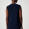 Flowy navy sleeveless top for women, featuring a modern minimalist design and high-quality fabric perfect for casual or professional wear.