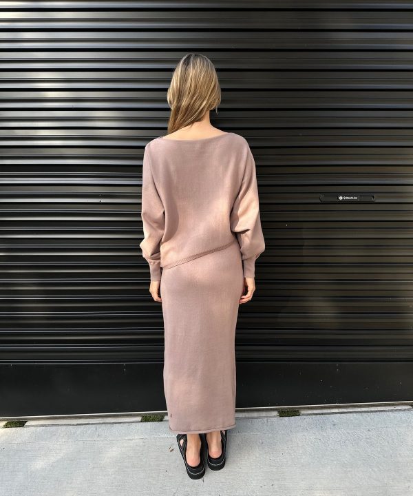 Luxury minimalistic outfit women’s fashion taupe knit sweater and matching long skirt casual elegant modern style.