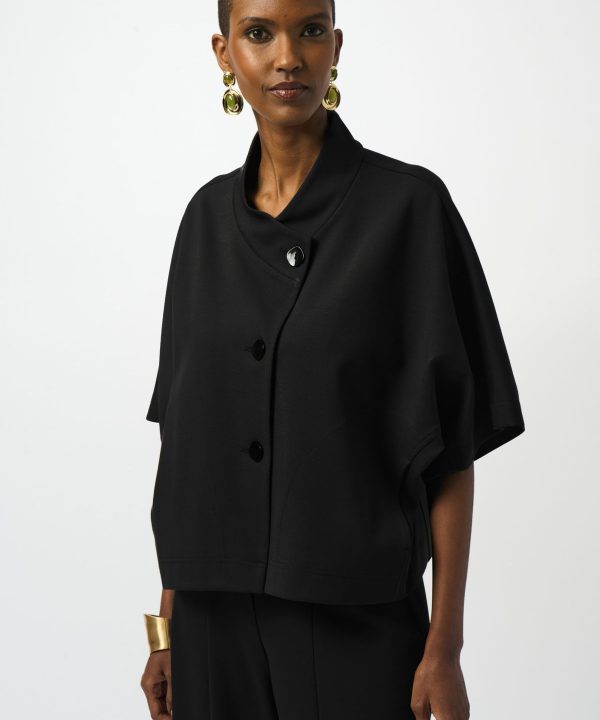 Black fashion jacket with large buttons and wide collar for women.