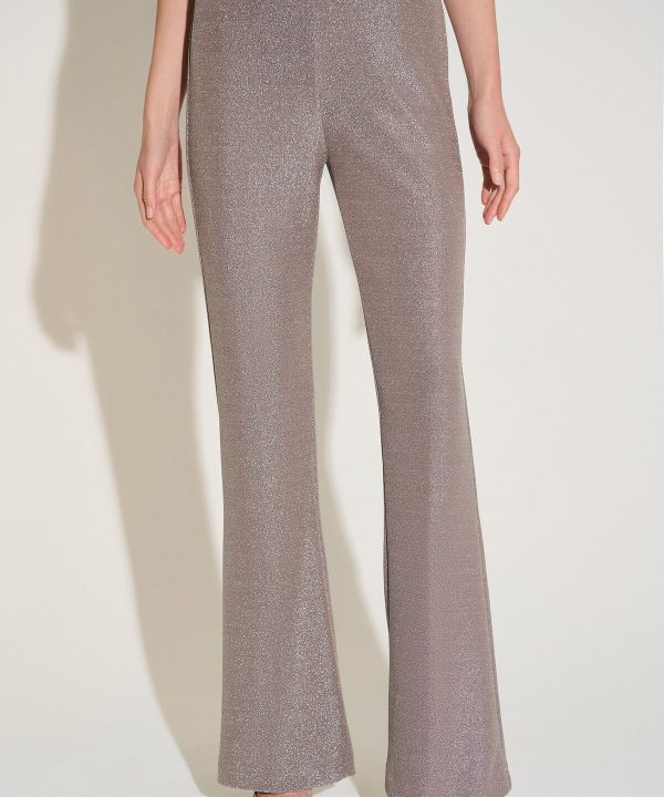 Shimmering high-waisted glitter trousers perfect for elegant events, available at KatyaMaker, featuring a stylish flared design and comfortable fit for modern fashion enthusiasts.