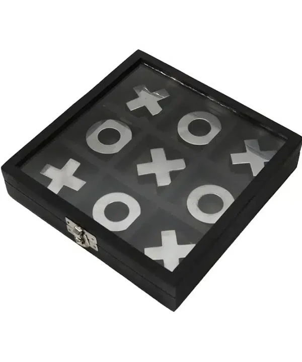 Tic-tac-toe game set with black wooden box and glass lid, perfect for family game nights and casual play. Stylish and durable, ideal for kids and adults to enjoy classic grid-based fun.
