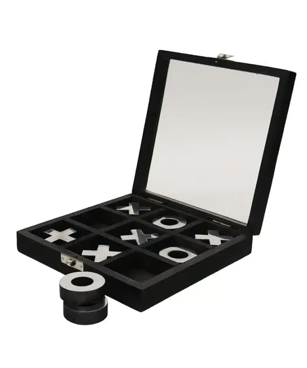 Play tic tac toe game with black and white game pieces in an elegant storage box, ideal for fun and interactive entertainment, designed for all ages, perfect for family game nights.