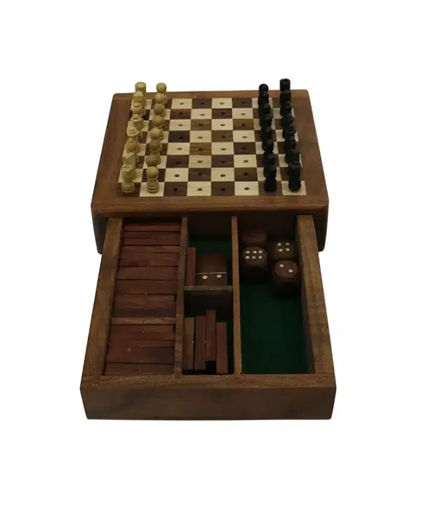 Handcrafted wooden chess and dice game storage box with chessboard, dice, and game pieces, perfect for board game enthusiasts and home entertainment.