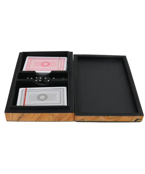 Elegant poker card set with a black and wood finish box, includes two decks of playing cards and a dice cup for casino-style gaming and entertainment.