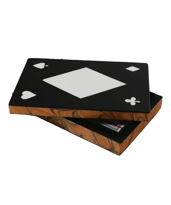 Elegant playing card storage box featuring a black and white card suit design with wood accents, perfect for card collectors and poker enthusiasts.