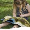 Colorful children's book illustration, girl reading outdoors on grass, educational and playful scene, showcasing early childhood learning, nature-inspired activity, perfect for promoting literacy and curiosity.
