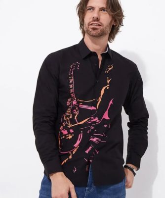 Colorful guitar graphic men's button-up shirt, stylish casual wear, unique musical instrument illustration, perfect for music lovers and fashion-forward individuals, available at katyamaker.com.