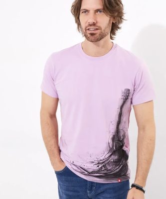 Bright pink guitar graphic T-shirt for music lovers, featuring a stylish and artistic design. Perfect for casual wear and showcasing your love for music and guitars with vibrant style.