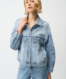Pearl-studded denim jacket and matching jeans, trendy fashion look, young woman fashion, casual chic, stylish streetwear, designer denim, fashion accessories, modern style, katyamaker.
