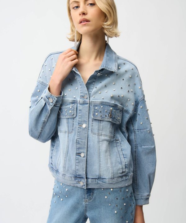 Pearl-studded denim jacket and matching jeans, trendy fashion look, young woman fashion, casual chic, stylish streetwear, designer denim, fashion accessories, modern style, katyamaker.