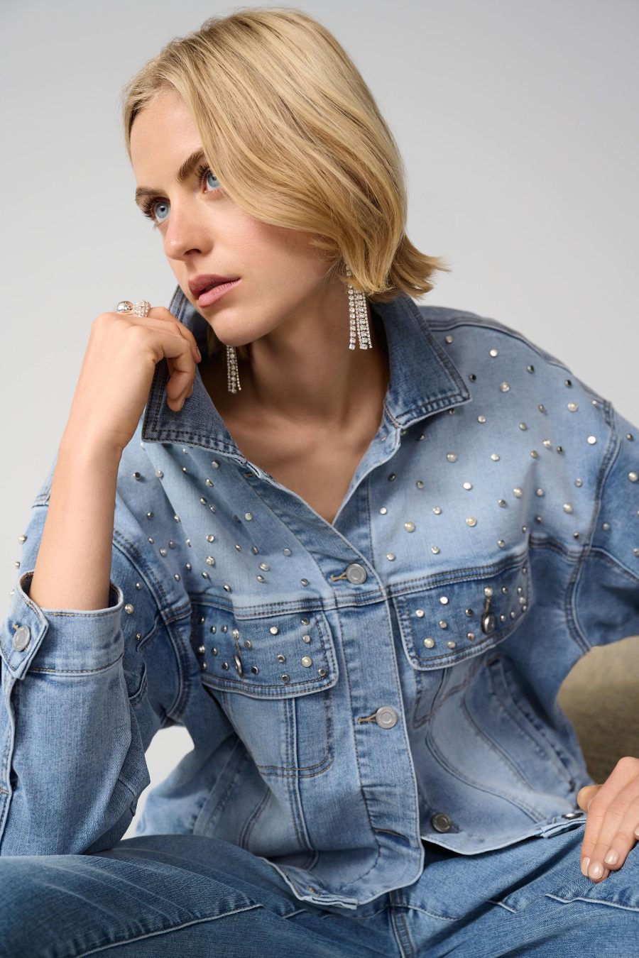 Studded denim jacket, stylish fashion, casual wear, women's trendy clothing, accessories, designer denim, modern style, chic outfit, fashion photography, Katyamaker collection.