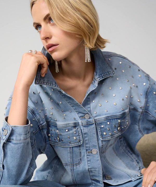 Studded denim jacket, stylish fashion, casual wear, women's trendy clothing, accessories, designer denim, modern style, chic outfit, fashion photography, Katyamaker collection.