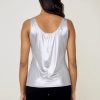 Silky silver satin sleeveless top, women's elegant party blouse, contemporary fashion for women, stylish evening wear, chic satin tank top for women.