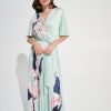 1. Elegant floral-printed pleated midi dress in mint green, perfect for summer events, by Katyamaker.