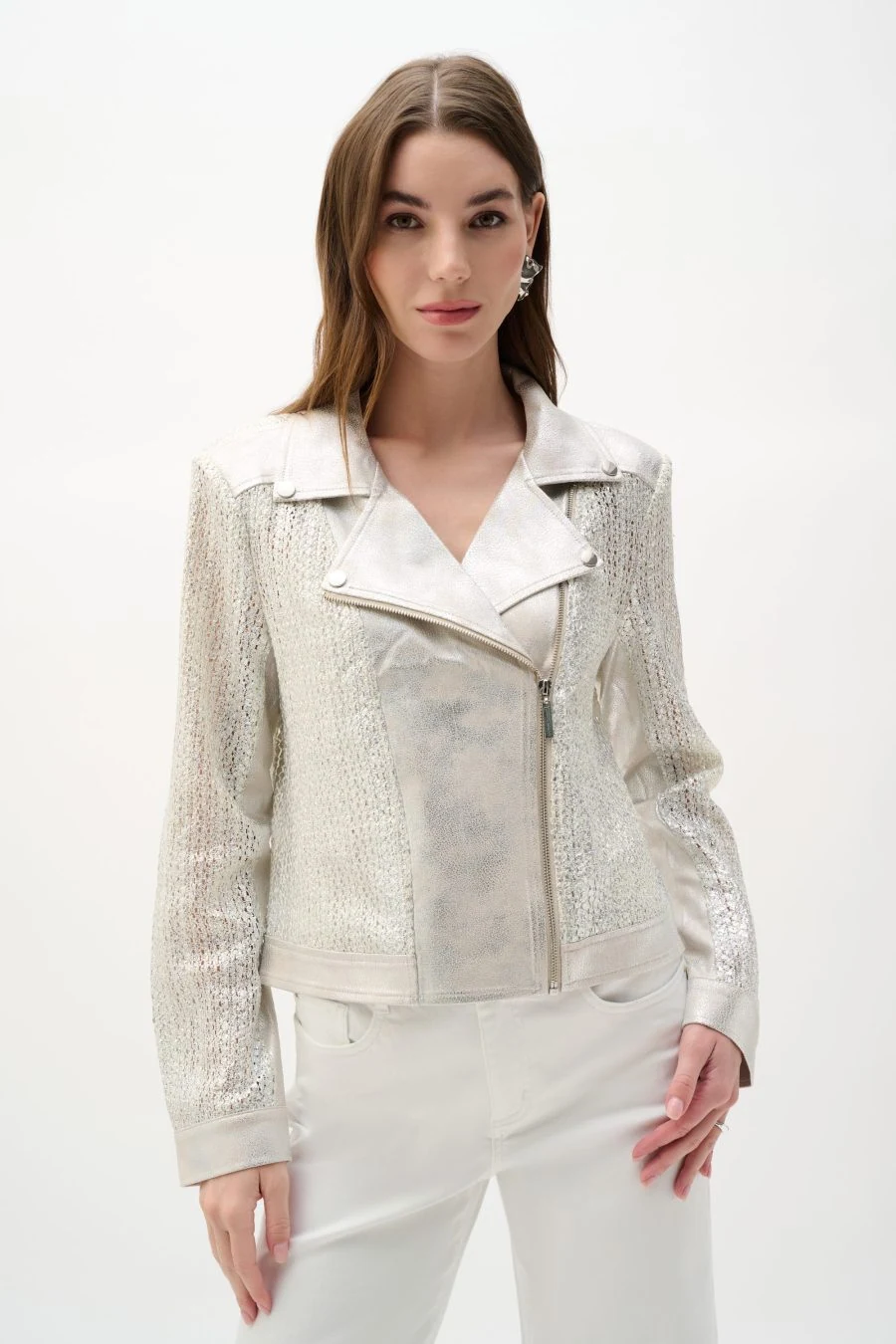 Shiny metallic silver jacket with textured details, modern design, and edgy style, perfect for fashion-forward women seeking statement outerwear.