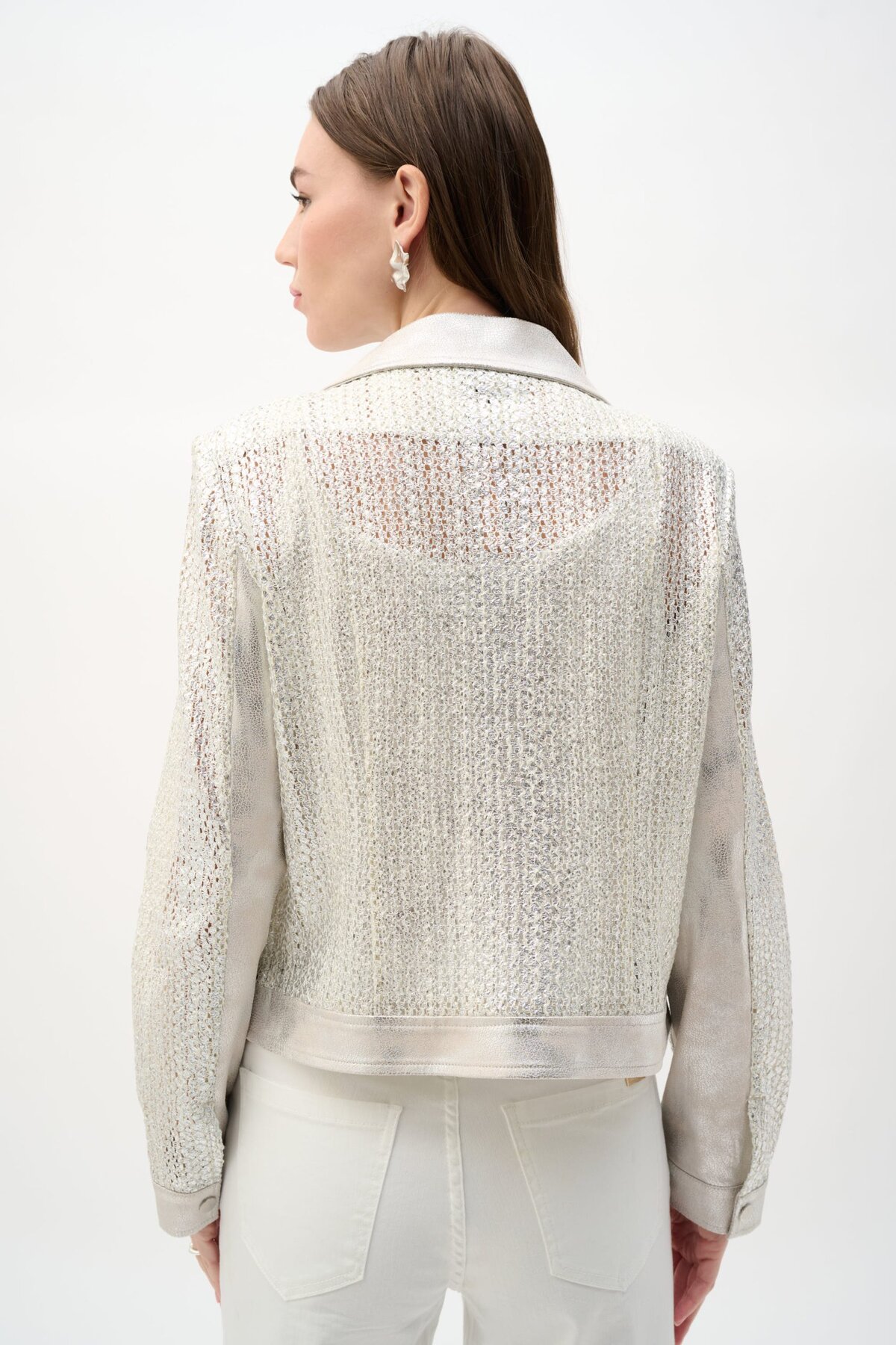 Vintage white crochet blazer with satin details, suitable for stylish casual or formal outfits, showcasing modern boho-chic fashion trends.